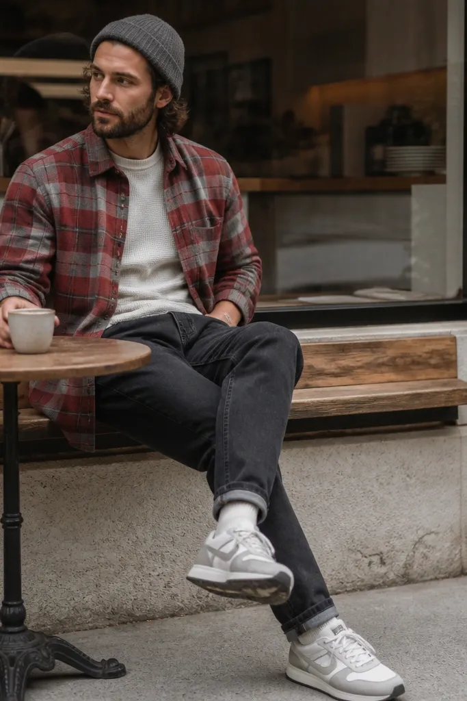 A man wearing a red-and-grey plaid flannel over a thermal base layer. He has dark jeans and retro white-and-grey sneakers, plus a wool beanie. The photo shows him outside a café.