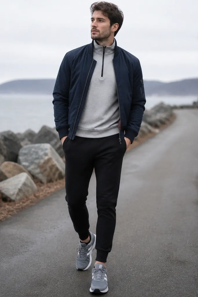 A man wearing a light grey tech fleece quarter zip under a navy bomber jacket. He’s in black joggers with a tapered ankle and grey running-style sneakers. The photo is outdoors with overcast winter light.