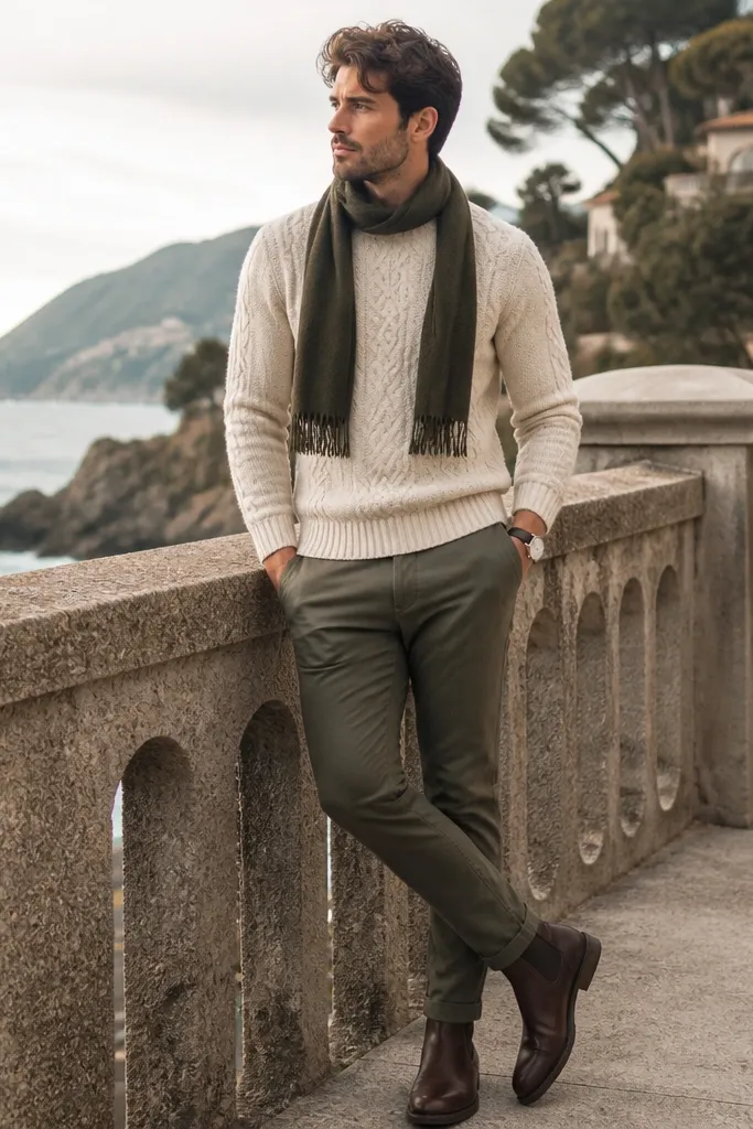 A man in a cream cable-knit sweater with a relaxed crew neck, olive chinos, and brown Chelsea boots; he’s wearing a dark green scarf and a simple wristwatch.