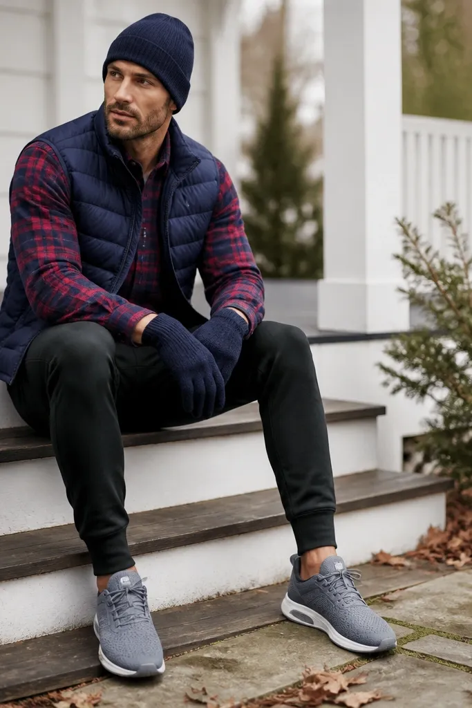 A navy sleeveless puffer over a red-and-navy plaid flannel, paired with black joggers and gray sneakers; a beanie and gloves match the navy tones.