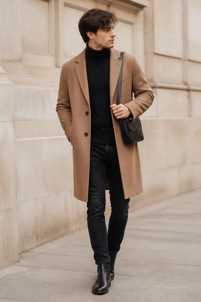 A man wearing a camel overcoat over a black ribbed turtleneck, with slim straight dark jeans and black boots; he’s holding a simple leather crossbody bag.