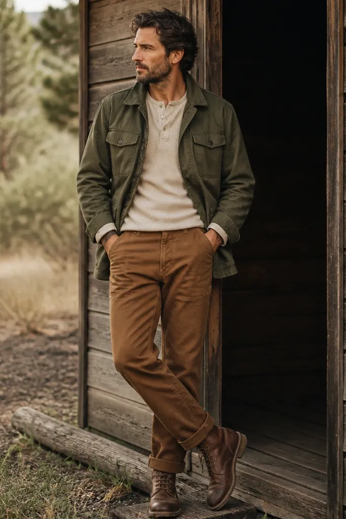 A man wearing an olive field jacket over a thermal henley, paired with brown workwear-style pants and rugged leather boots; the sleeves are cuffed slightly.