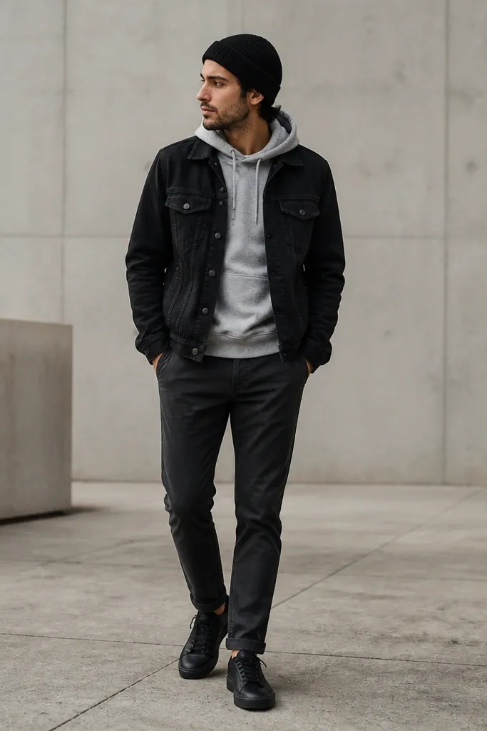 A man in a black denim jacket over a gray hoodie, paired with dark chinos and a black knit beanie; he’s wearing clean black sneakers.