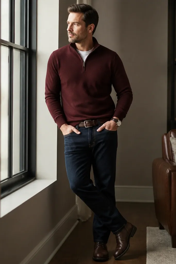 A man wearing a burgundy quarter-zip sweater over a plain shirt, paired with navy jeans; a dark brown leather belt and boots match, with a simple watch on the wrist.