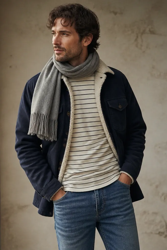 A man wearing a fleece-lined overshirt in deep navy, over a white-and-gray striped tee, with straight-leg blue jeans; he has a scarf in soft gray.
