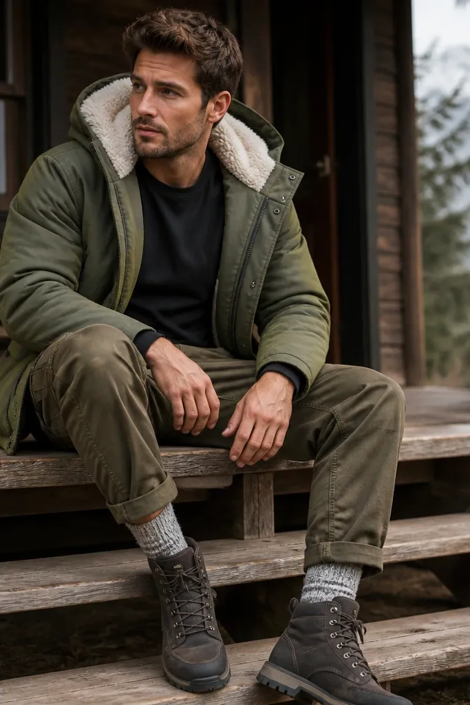A man in a green parka with visible sherpa-lined hood, wearing a plain black tee and olive cargo pants; he’s in thick winter socks and hiking-style boots.