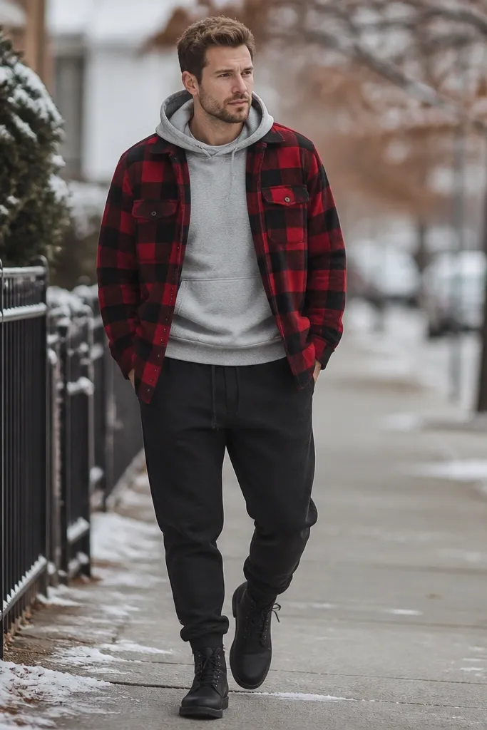 A man layered in a red-and-black flannel shirt jacket over a heather-gray hoodie, with dark joggers and black boots. The outfit is photographed outdoors with a winter sidewalk background.