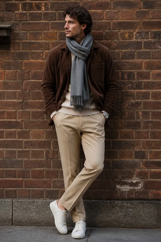 A man wearing a brown corduroy overshirt, beige chinos, and a thick gray scarf. He’s in clean leather-look sneakers and a watch, standing against a brick wall.