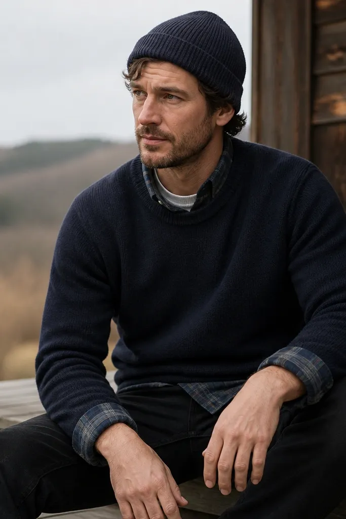A man layered with a navy crewneck sweater over a blue plaid button-down, with a thermal crew underneath. He wears black jeans and a knit beanie.