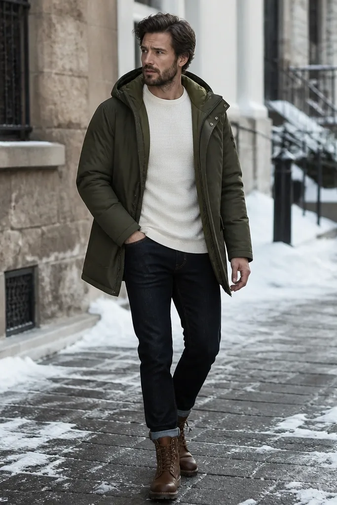 A man in an olive parka with the hood down, wearing a white thermal tee and dark jeans, paired with rugged winter boots. Snowy pavement is visible in the background.
