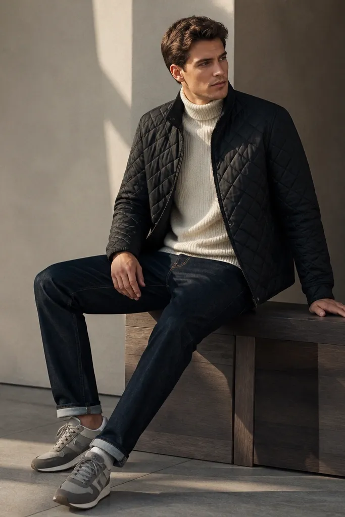 A man wearing a black quilted jacket over a cream turtleneck sweater, with dark denim and gray sneakers. The lighting highlights the jacket’s stitched pattern.