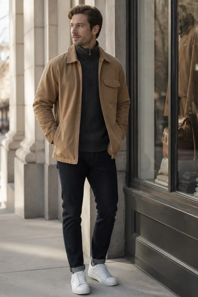 A man wearing a charcoal mock-neck fleece under a tan canvas jacket, paired with slim dark jeans and white sneakers. He’s standing near a store window with winter light.