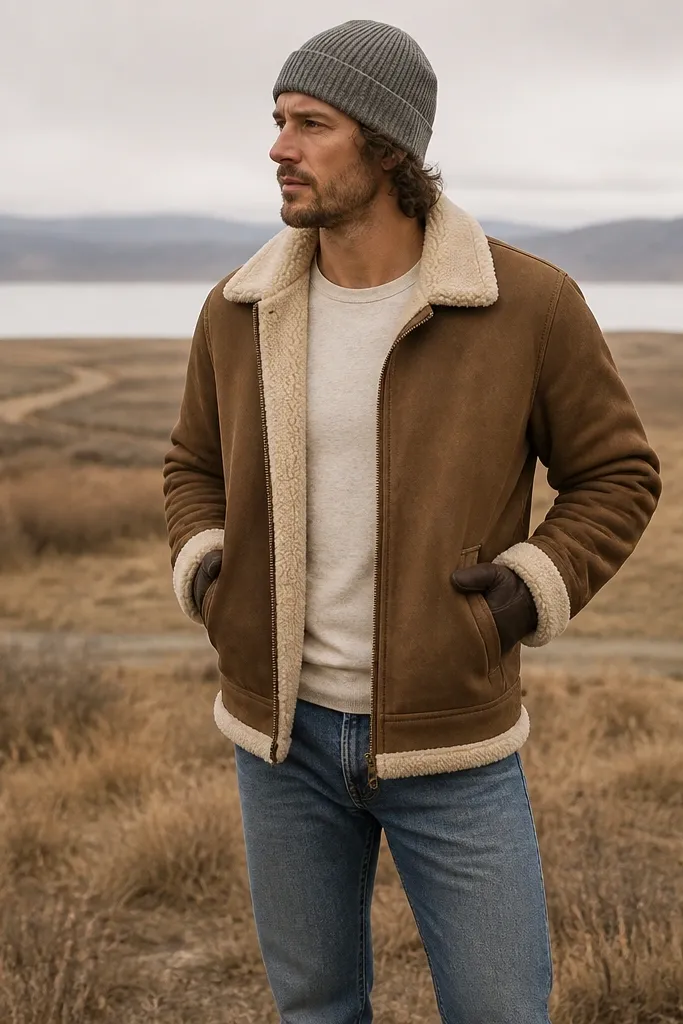A man in a brown sherpa-lined jacket, gray knit beanie, and medium-wash straight jeans. He’s wearing dark gloves and a simple long-sleeve tee underneath.