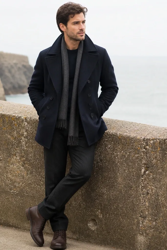 A man wearing a dark navy peacoat-style coat over a black thermal long-sleeve shirt and dark trousers. He’s in brown leather-look shoes and a scarf.