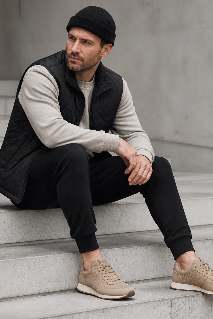 A man in a heather oatmeal sweatshirt, wearing a black quilted vest and a cuffed beanie. He has black joggers and tan sneakers.