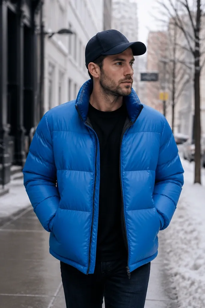 A man wearing a bright blue puffer jacket over a black tee, with black jeans and a baseball cap. The photo shows a city street with winter daylight.