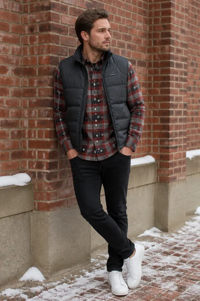 Outfit photo of a charcoal quilted puffer vest layered over a red-and-gray plaid flannel button-down; black jeans and white sneakers; cold-weather stance near a brick wall.