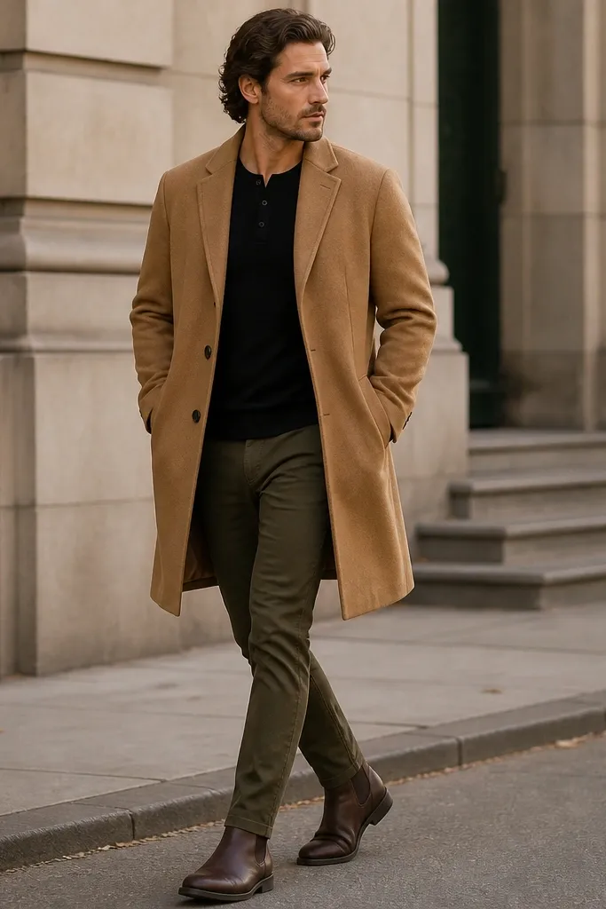 Man in a camel overcoat over a black thermal henley, olive chinos, and brown Chelsea boots; soft daylight makes the camel tone look warm.