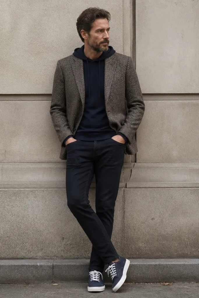 A man wearing a tweed blazer over a navy hoodie; slim dark jeans; casual sneakers; blazer texture is clearly visible with the hoodie hood resting flat.