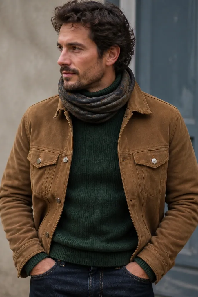 Close-to-mid shot of a man in a deep green ribbed turtleneck, dark indigo jeans, and a tan suede trucker jacket; scarf wrapped once at the neck.