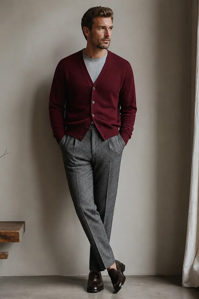 Man wearing a burgundy cardigan with buttons and a V-neck over a light gray base layer; heather gray wool trousers; loafers with a slight shine.