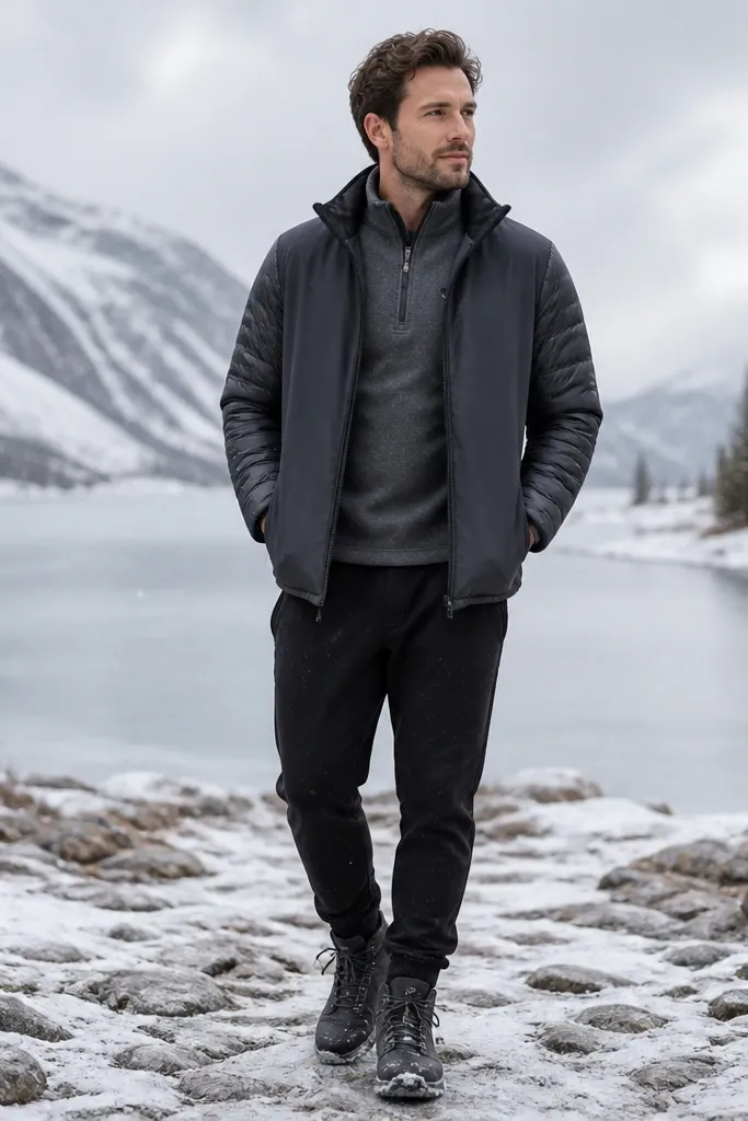 Man wearing a quarter-zip fleece in slate gray under a jacket with puffer sleeves and a smooth outer body; black joggers; winter boots; outdoor background with light snow.
