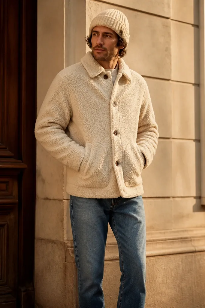 Outfit photo showing a man in a shearling-look sherpa jacket (off-white), cream knit beanie, and medium-wash straight jeans; hands in pockets, warm-toned lighting.