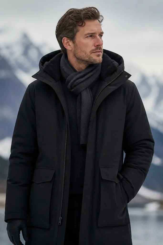 Man in a matte black parka with a warm hood, wearing a dark thermal long-sleeve underneath; scarf is looped once and tucked neatly; dark gloves visible.