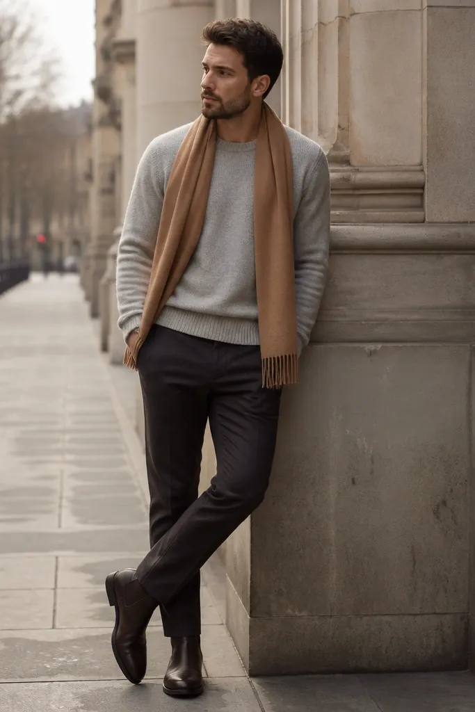 Man wearing a light gray wool sweater with a crew neck, camel scarf draped loosely, dark trousers, and leather boots; neutral winter street setting.