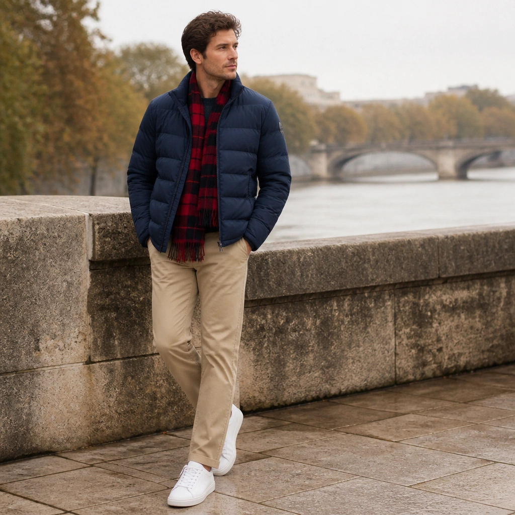 A navy insulated puffer jacket with a matte finish, worn with beige straight chinos and a red-and-black plaid scarf; white sneakers add contrast.