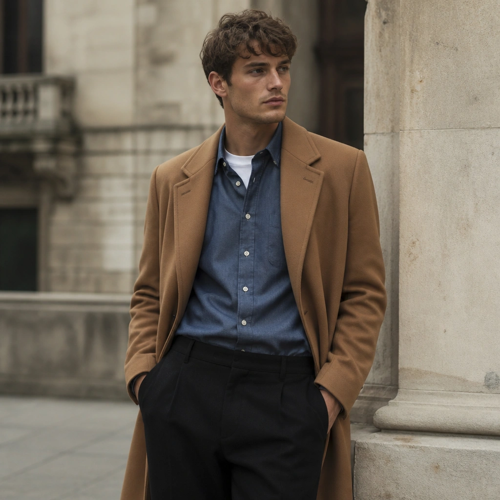 A camel wool overcoat over a blue button-up shirt with a thin white thermal tee peeking at the collar; the pants are black wool trousers.
