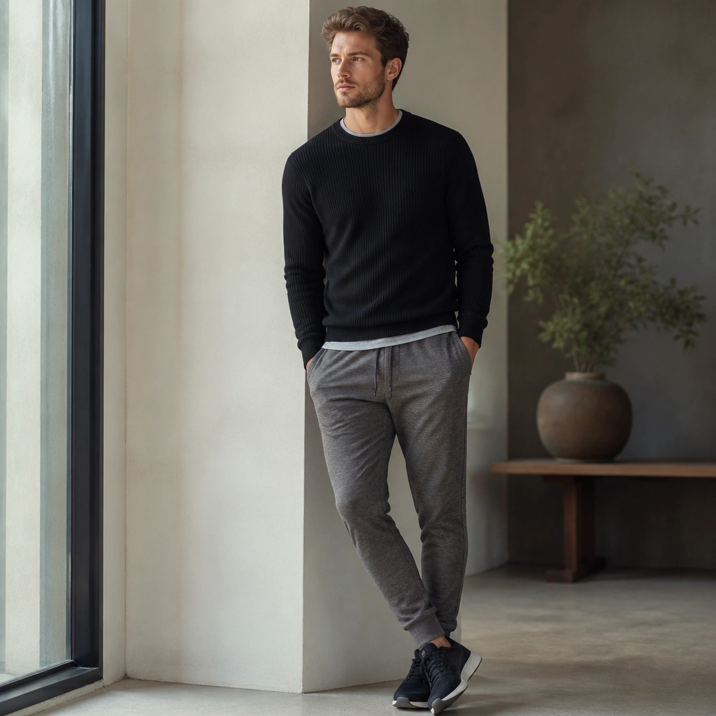 A fitted black knit sweater layered over a light gray crewneck, paired with tapered heather-gray joggers and sleek dark sneakers.