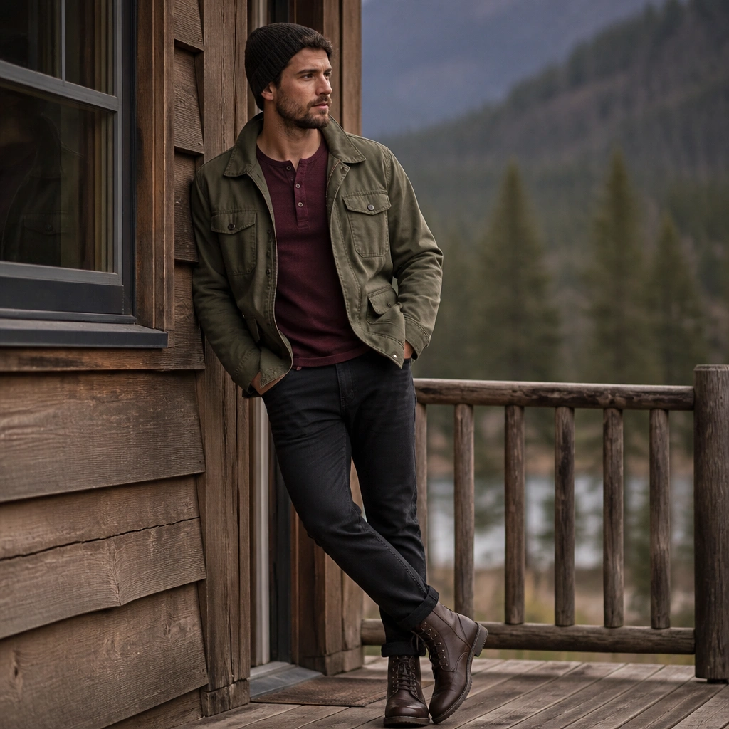 An olive field jacket worn with a burgundy henley shirt, black jeans, and dark brown leather boots; a knit beanie tops the look.