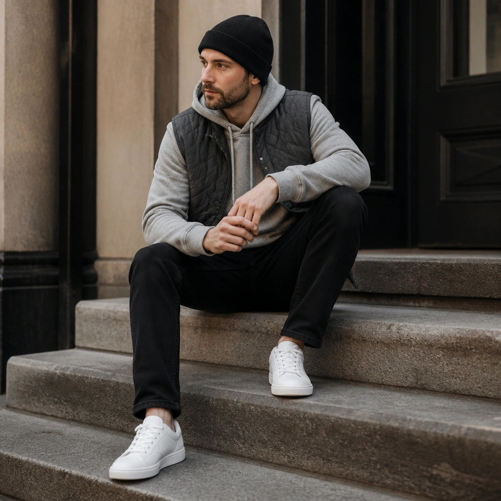 A charcoal quilted vest layered over a gray hoodie, with a black beanie and black jeans; the outfit is styled with white low-top sneakers.