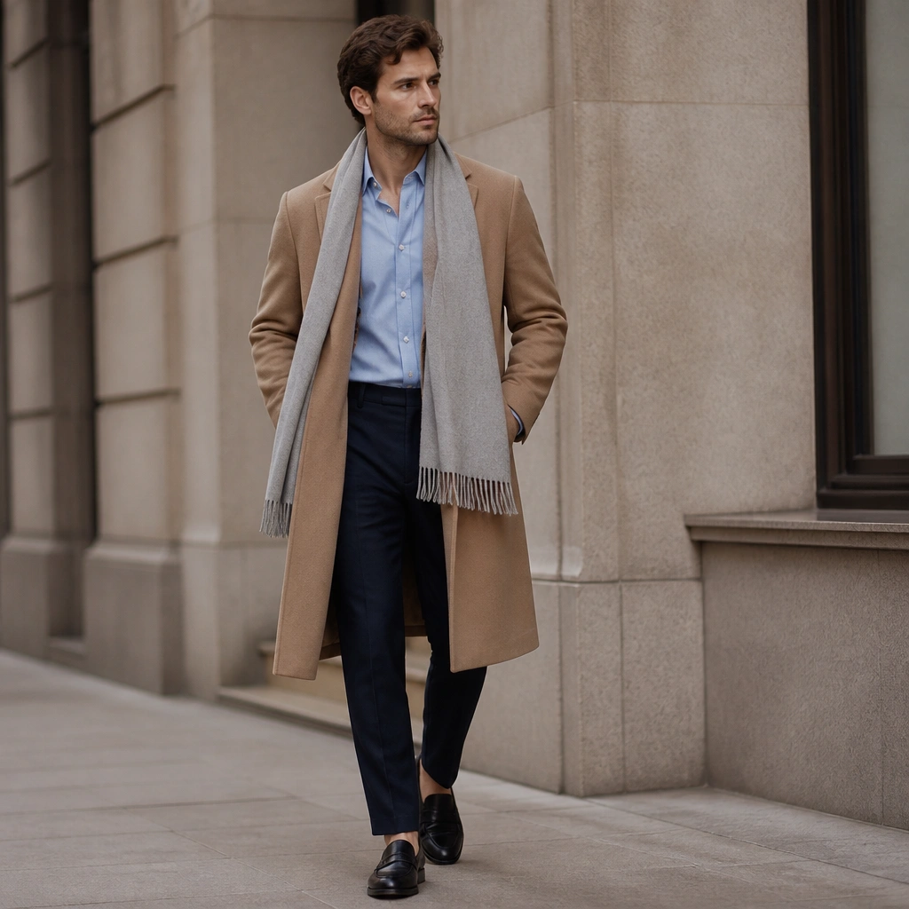A light blue button-down (oxford style) under a camel overcoat, with a soft gray scarf; pants are dark navy and shoes are black leather loafers.