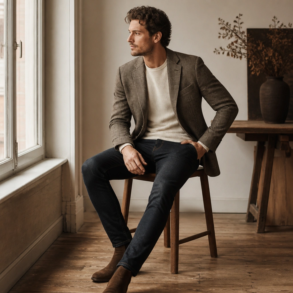 A tweed blazer in muted brown worn over a cream thermal crewneck, paired with slim dark jeans and suede ankle boots.