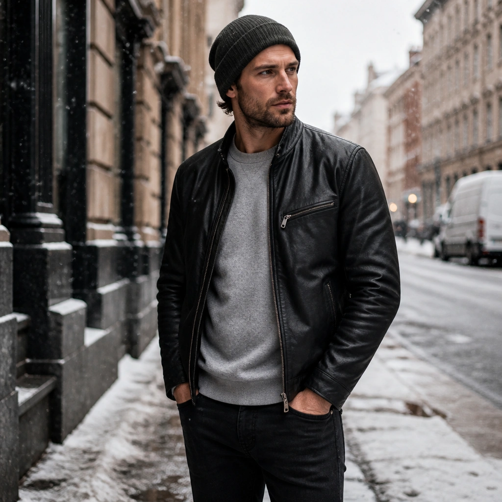 A black leather jacket worn over a heather-gray sweatshirt, with black jeans and a wool beanie; the scene looks like a city street in snowy light.