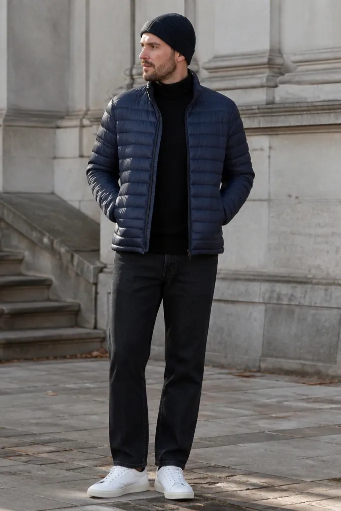 A man in a navy quilted puffer jacket layered over a black turtleneck and straight-leg dark jeans, standing outdoors with a beanie and clean sneakers.