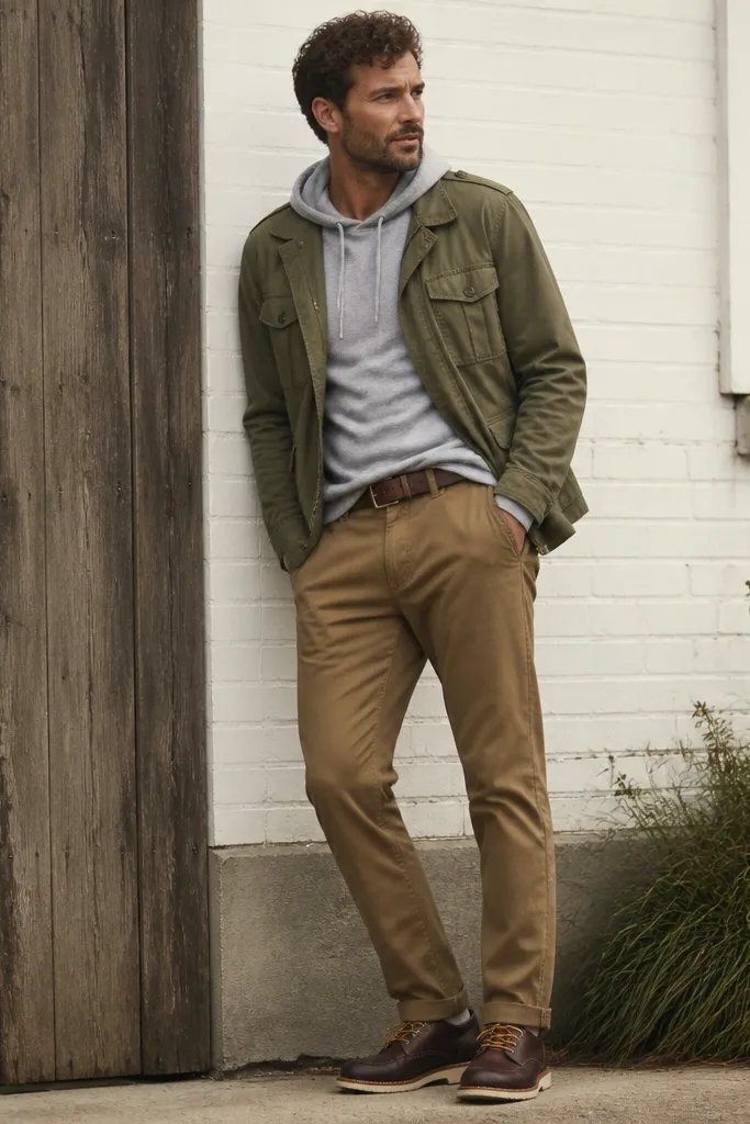 A man wearing an olive field jacket over a heather gray hoodie with brown chinos, brown leather belt, and low-profile boots.