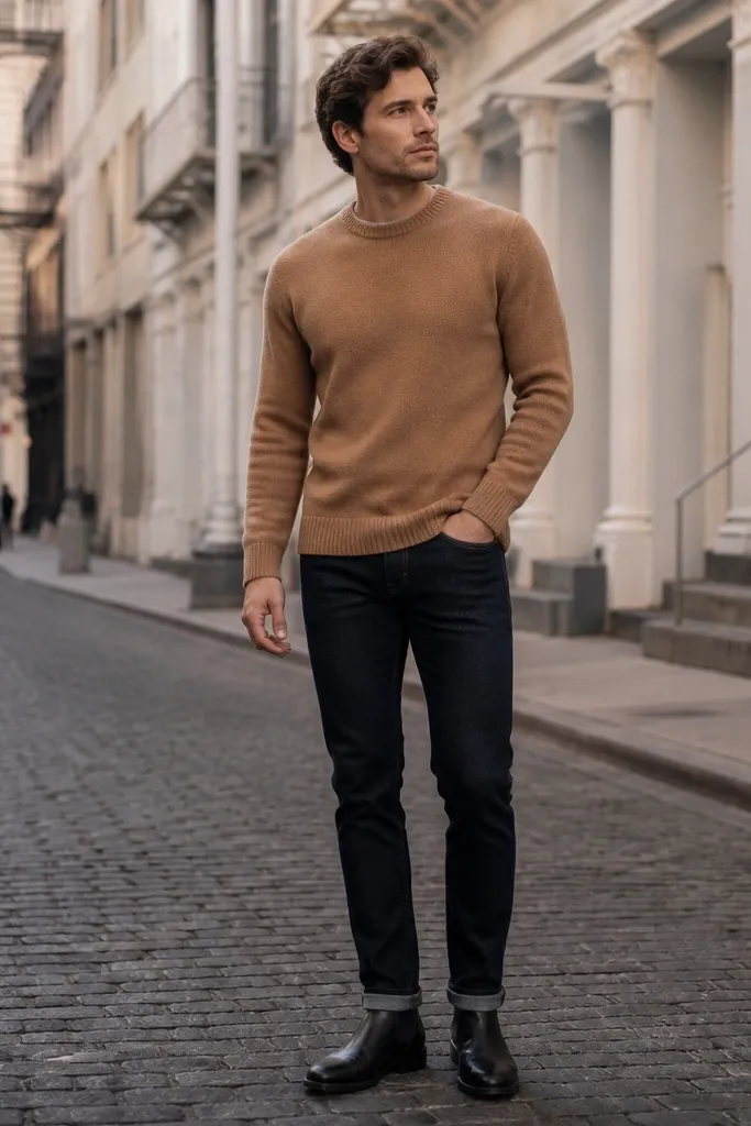 A man in a camel crewneck wool sweater with dark indigo jeans and black Chelsea boots, photographed in a city street scene with soft winter light.