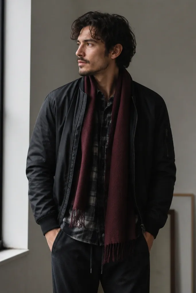 A man wearing a black bomber jacket over a black-and-gray flannel shirt, with a burgundy scarf and dark joggers, posed indoors near a window.