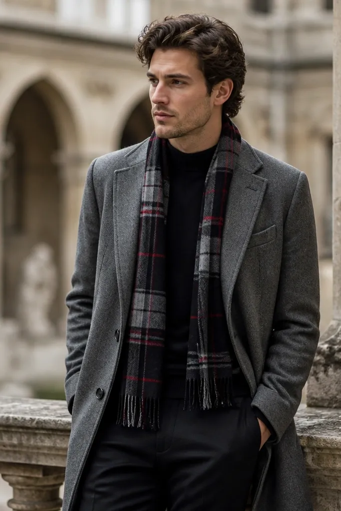 A man in a mid-gray wool coat with a black crewneck sweater, a plaid scarf in black/gray/red, and black trousers.
