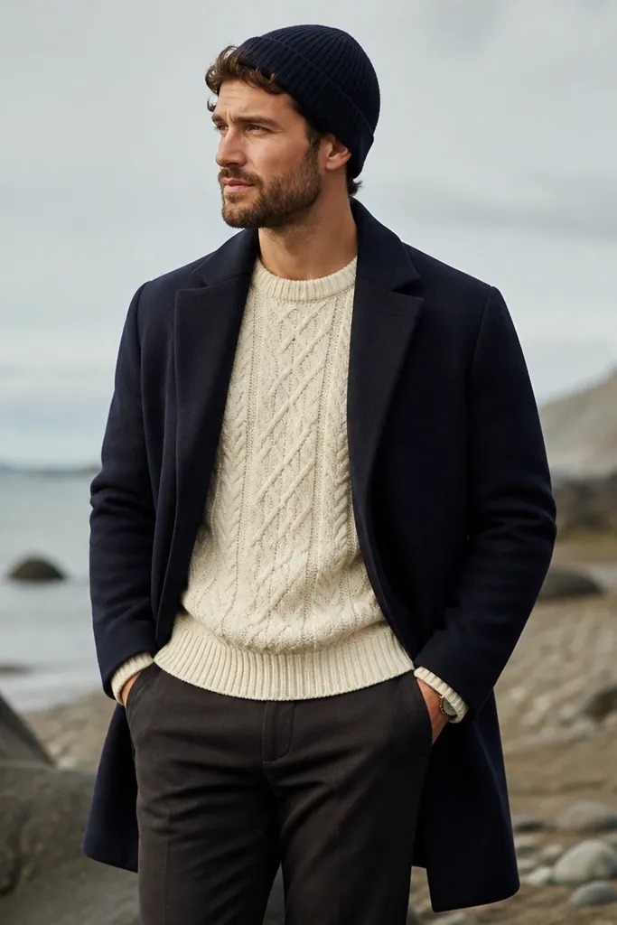A man wearing a cream cable-knit sweater under a navy overcoat with dark chinos, plus a knit beanie and minimal leather watch.