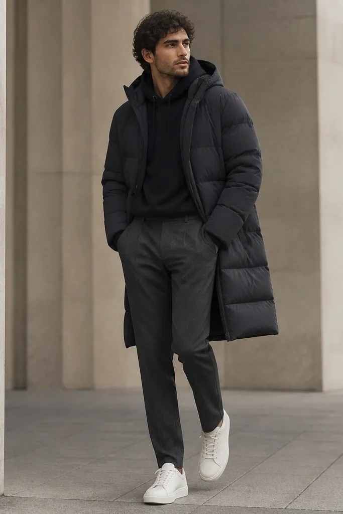 A man wearing a longline puffer coat, a simple dark hoodie, tailored-looking wool-blend pants, and clean white sneakers.