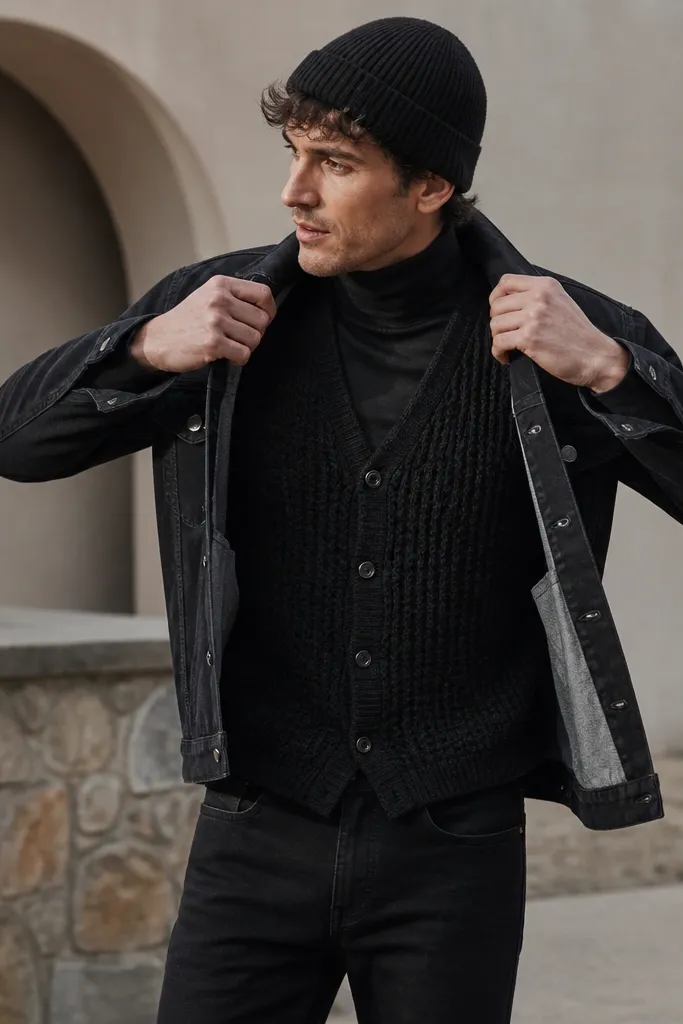 A man layering a dark denim jacket over a knitted vest and a fitted turtleneck, paired with black jeans and a beanie.
