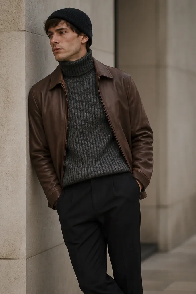 A man wearing a brown leather jacket over a thick ribbed sweater with black tailored trousers and a dark beanie.