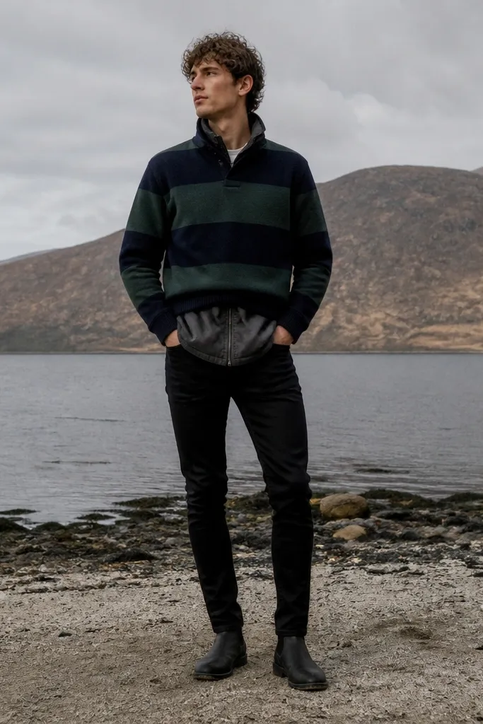 A man wearing a sweater with rugby-style stripes over a bomber jacket, slim black jeans, and dark boots, photographed outdoors.