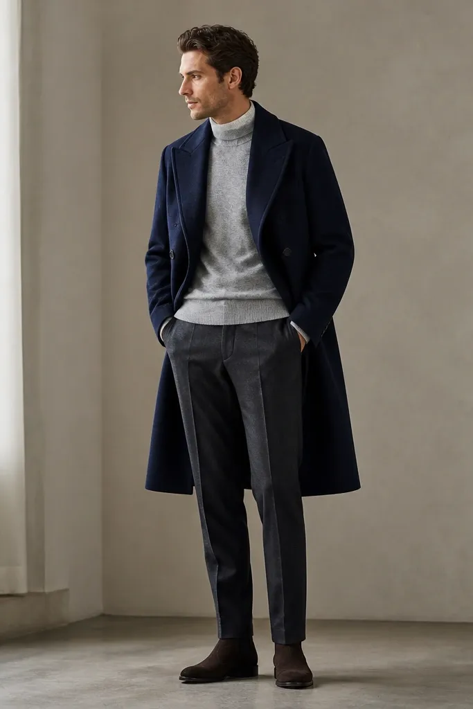 A full-length outfit showing a navy long wool coat, a light gray mock-neck sweater underneath, charcoal tailored pants, and dark brown suede Chelsea boots.