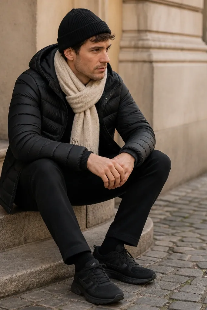 A slim black puffer jacket layered over a dark knit sweater, with a light ecru scarf wrapped neatly and a black ribbed beanie; the outfit is completed with black track-style sneakers.