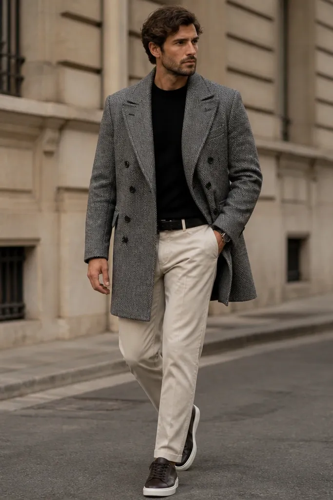 A gray herringbone peacoat over a black crewneck sweater, cream chinos, and white-soled dark leather sneakers; the look includes a thin black belt and minimal watch.